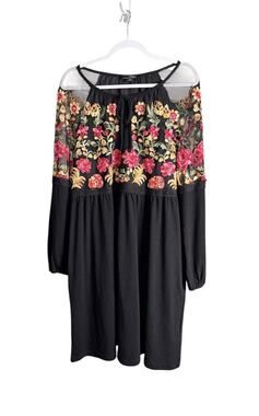 Boho Floral Embroidered Suzanne Betro Large Black Mesh Lace Flowy Blouson Dress
